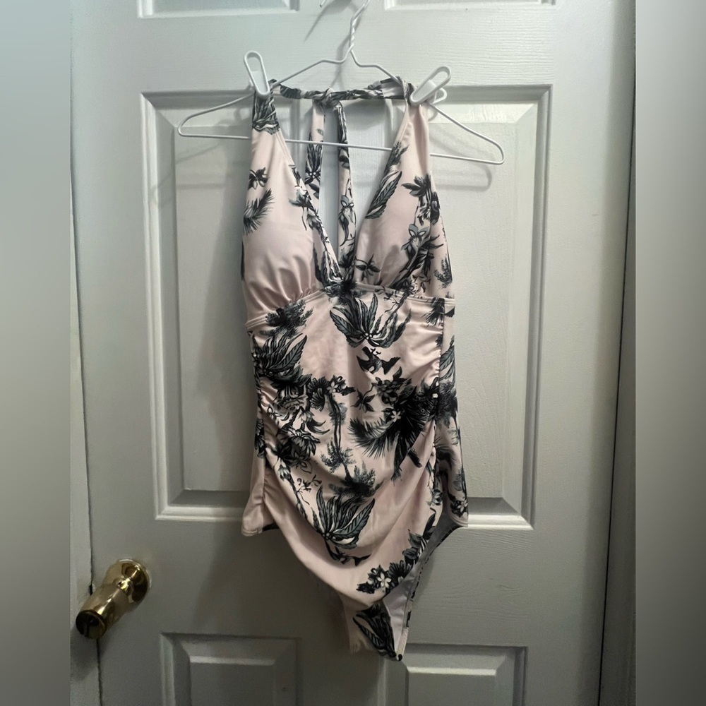 Green and Light Yellow One Piece Swimsuit with Halter Neckline